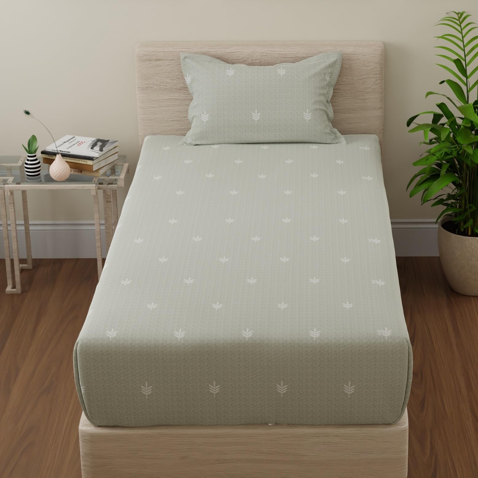 Huesland by Ahmedabad Cotton 144 TC Cotton Elastic Fitted Bedsheet for Single Bed with 1 Pillow Cover | 36 x 78 inches