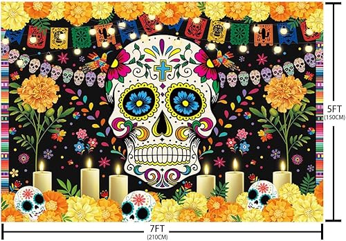 Miniatura 5 de AIBIIN Telón de fondo del Día de los Muertos de 7 x 5 pies para fiesta mexicana, caléndula de azúcar, caléndula y flores, fondo de fotografía Dia DE