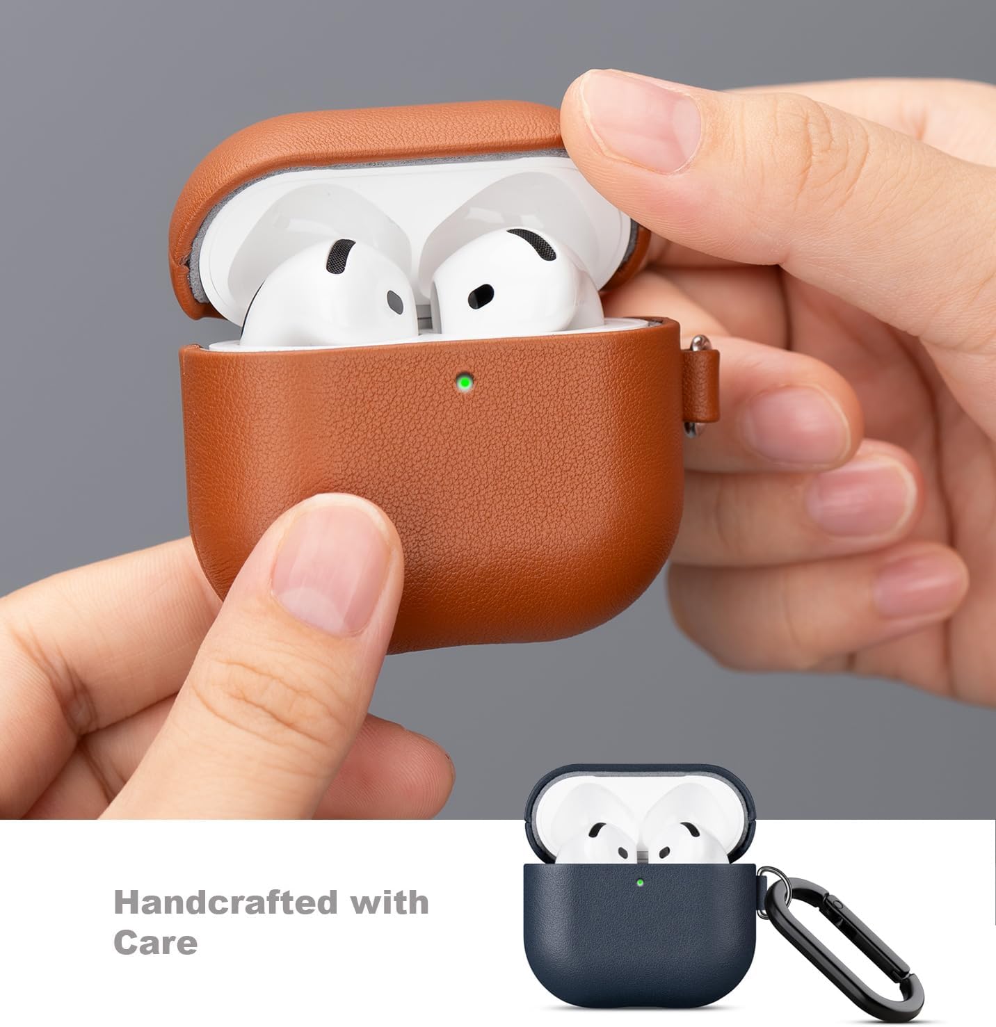 LOPIE Handmade Case for AirPods 4 / AirPods 4 with Active Noise Cancellation Leather Case Clip & Cleaner Kit, Fully-Wrapped with Top Grain Leather, Protective Hard Cover for Gen 4 Air Pods - Blue
