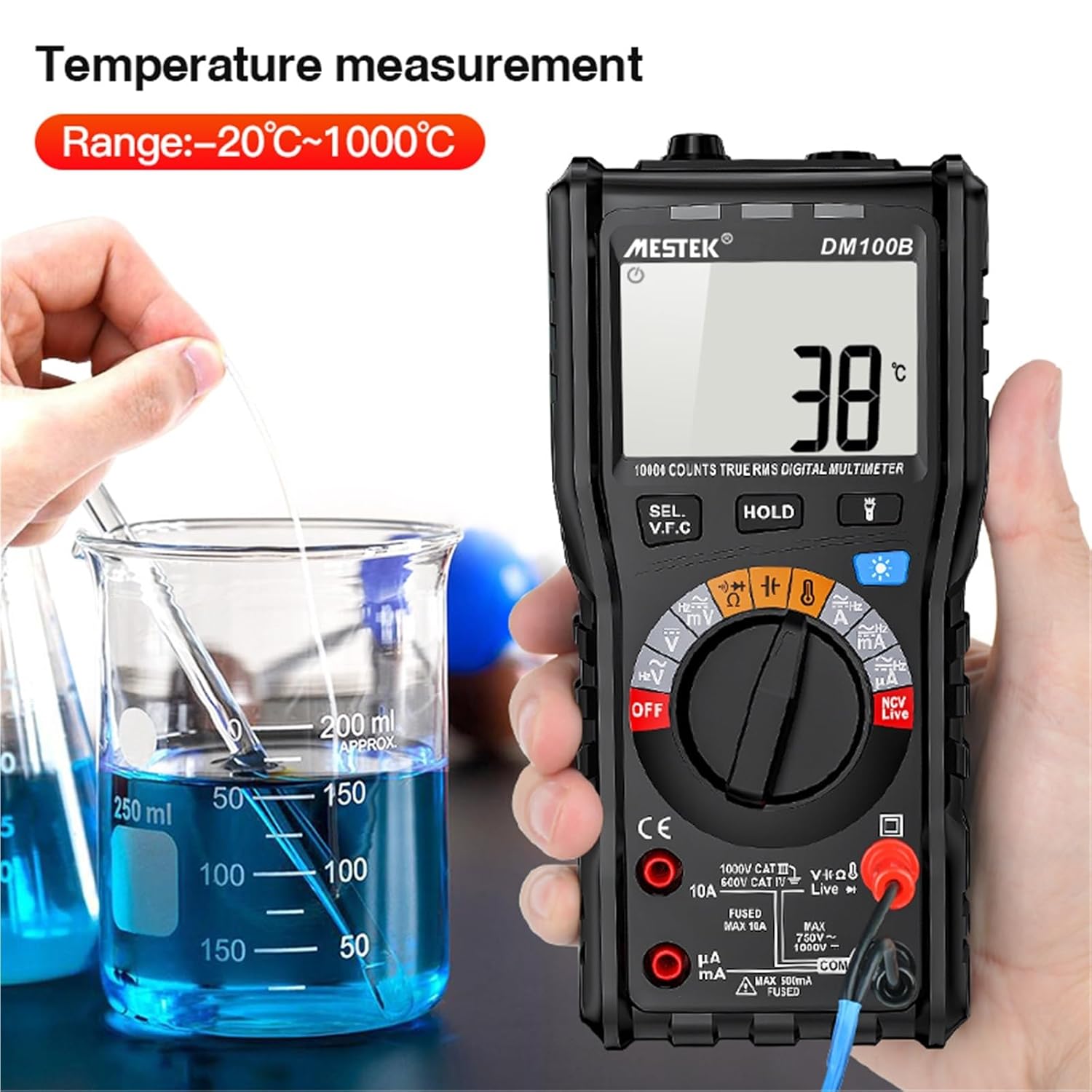DM100B 10A AC DC Current Auto-ranging Digital Multimeter Tester with Resistance Continuity Digital Multimeter