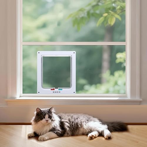 Miniatura 9 de Puerta de gato para ventana, ventana de seguridad para gatos con bloqueo de 4 vías, inserto de ventana de puerta de gato apto para mascotas,