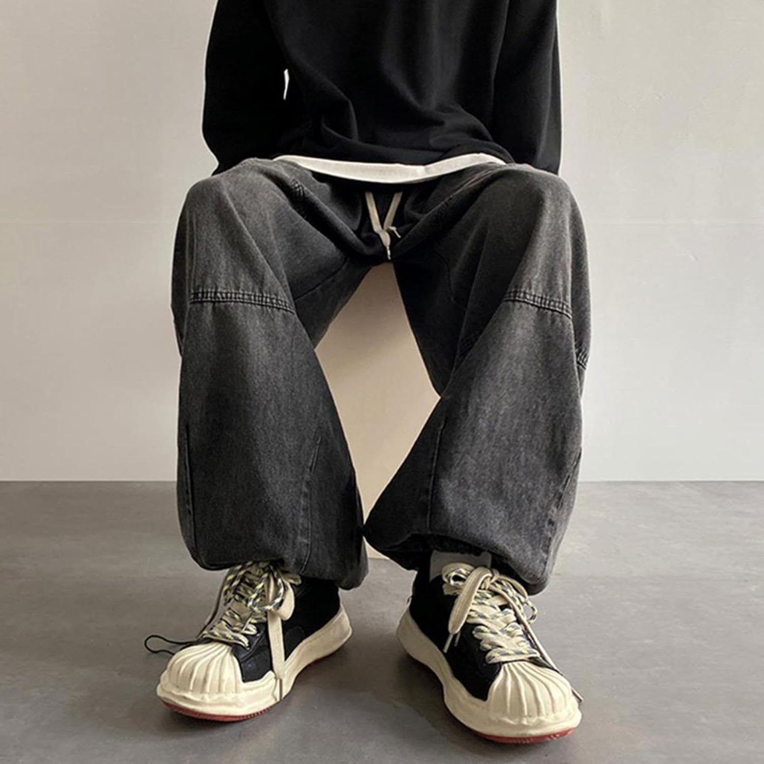 Men High Street Workout Denim Pants Vintage Loose Drawstring Straight Jean Spring Casual Wide Leg Commute Trousers