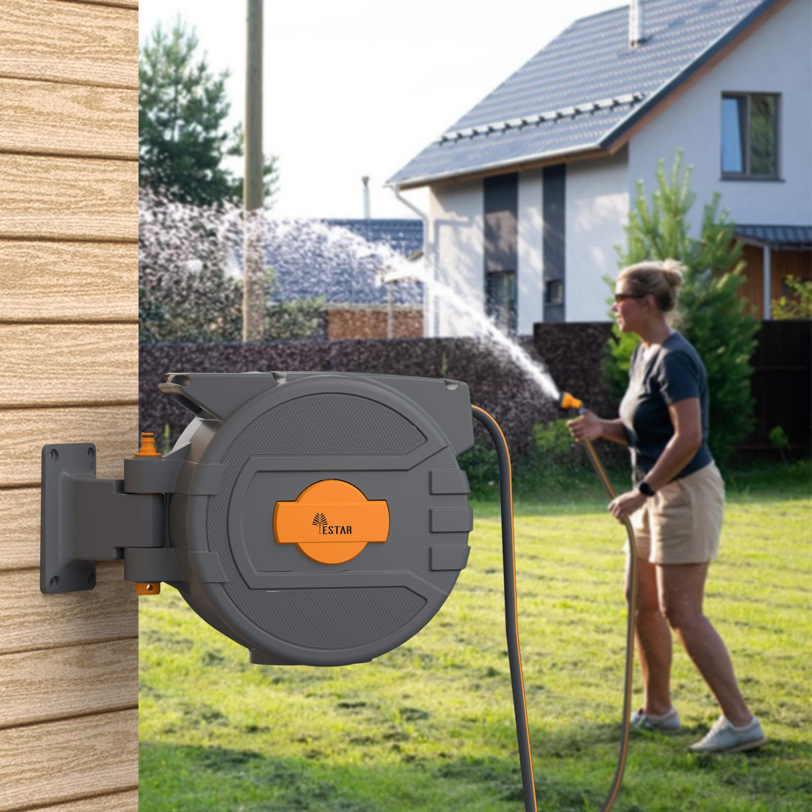 Carrete de manguera de 25 m + 2 m, con rebobinado automático y rotación de 180°, caja de pared con tope de bloqueo y 7 boquillas de chorro, para riego de jardín y lavado de coche