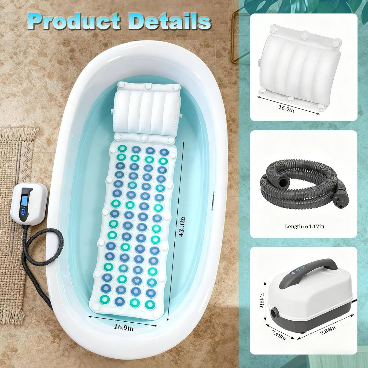 Tapis De Bain à Remous Portable pour Spa, Baignoire à Tapis à Bulles avec 6 Niveaux Réglables Et Télécommande, Pompe à Air Et Lumières LED, Machine à Bulles pour Baignoire
