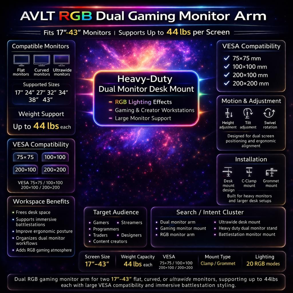 AVLT RGB Lights Dual 17”-43” Gaming Monitor Arm Desk Mount, Fits Two Flat/Curved/Ultrawide Screen up to 44lbs(20kg), Height Swivel Tilt Adjustable Stand - Black