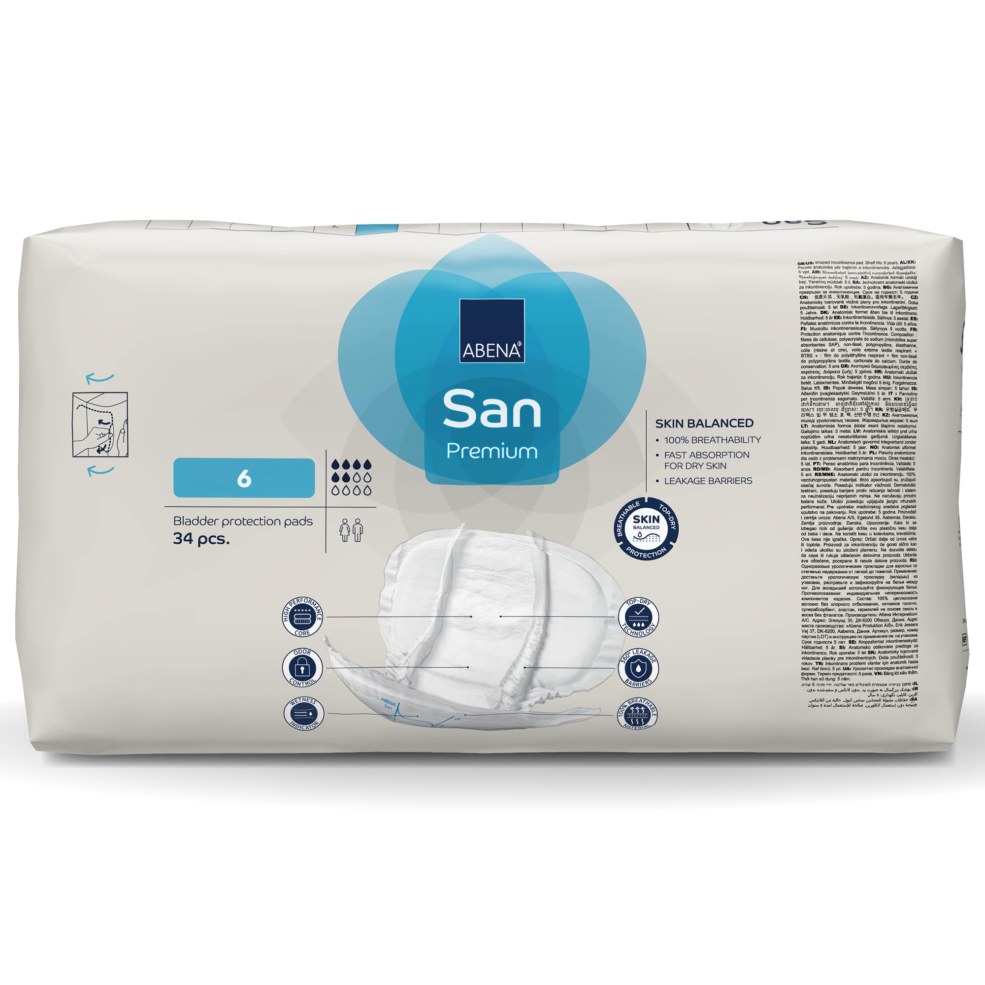 ABENA San Premium, assorbenti per incontinenza da uomo e donna, traspiranti e confortevoli, ad assorbimento rapido, discreti ed efficaci, per uomo/donna, 6, assorbenza da 1600 ml, 3 confezioni da 34