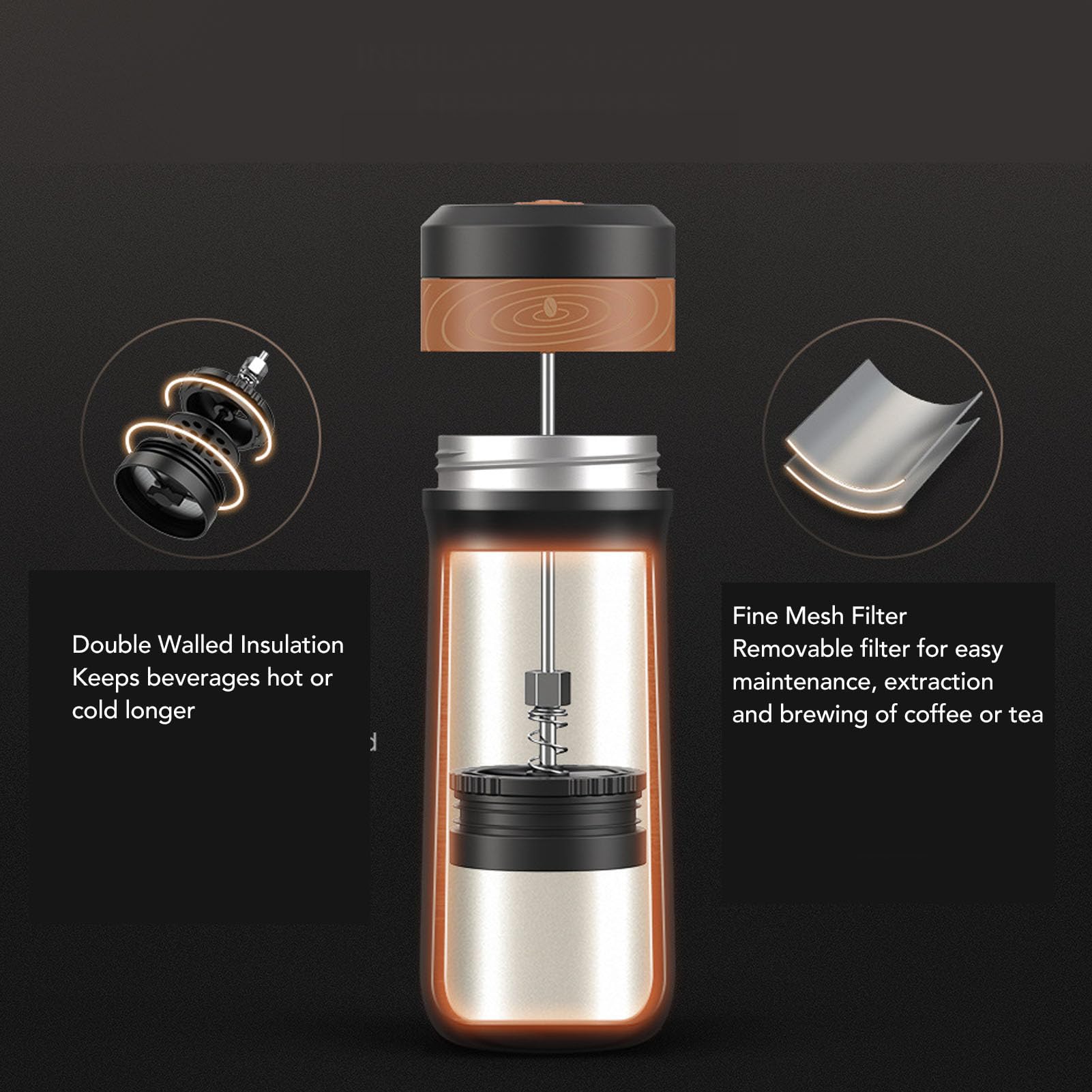Sxhlseller de Prensa Francesa, Aislamiento de Acero Inoxidable de Doble Pared y Malla de Filtro de 4 Capas, Taza de café de Viaje con Aislamiento Térmico, Taza de café de Prensa