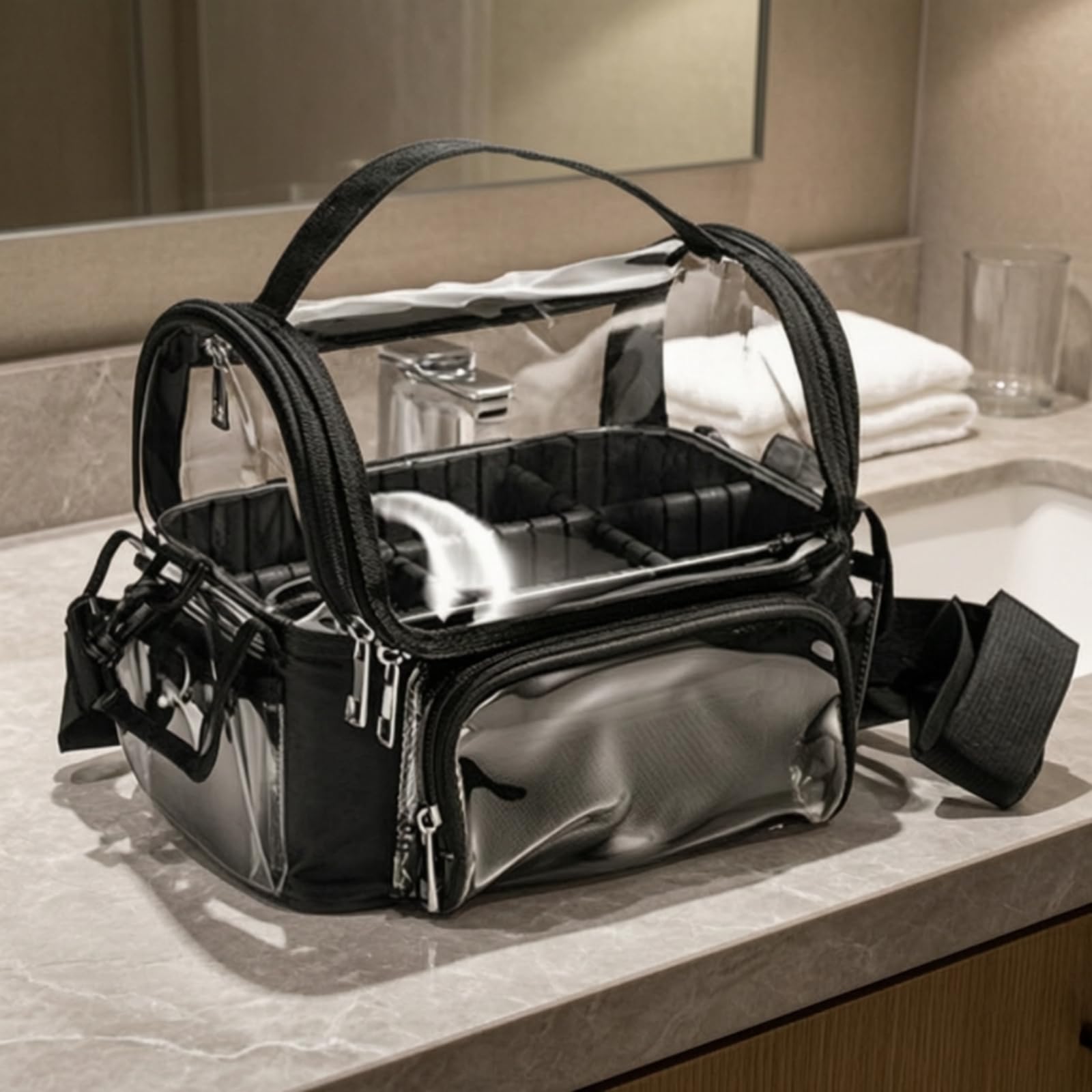Trousse de Maquillage Organisateur Étui Cosmétique Pochette Transparente Sac de Toilette avec Poignée Confortable et Sangle Réglable pour Transport