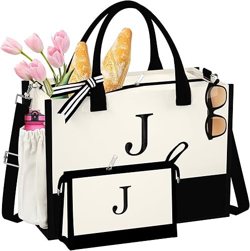 QLOVEA Bolsa de Lona con Inicial - Bolsas de Compras Reutilizables, Canasta de Regalos de Cumpleaños para Damas de Honor, Amigas y Maestras for