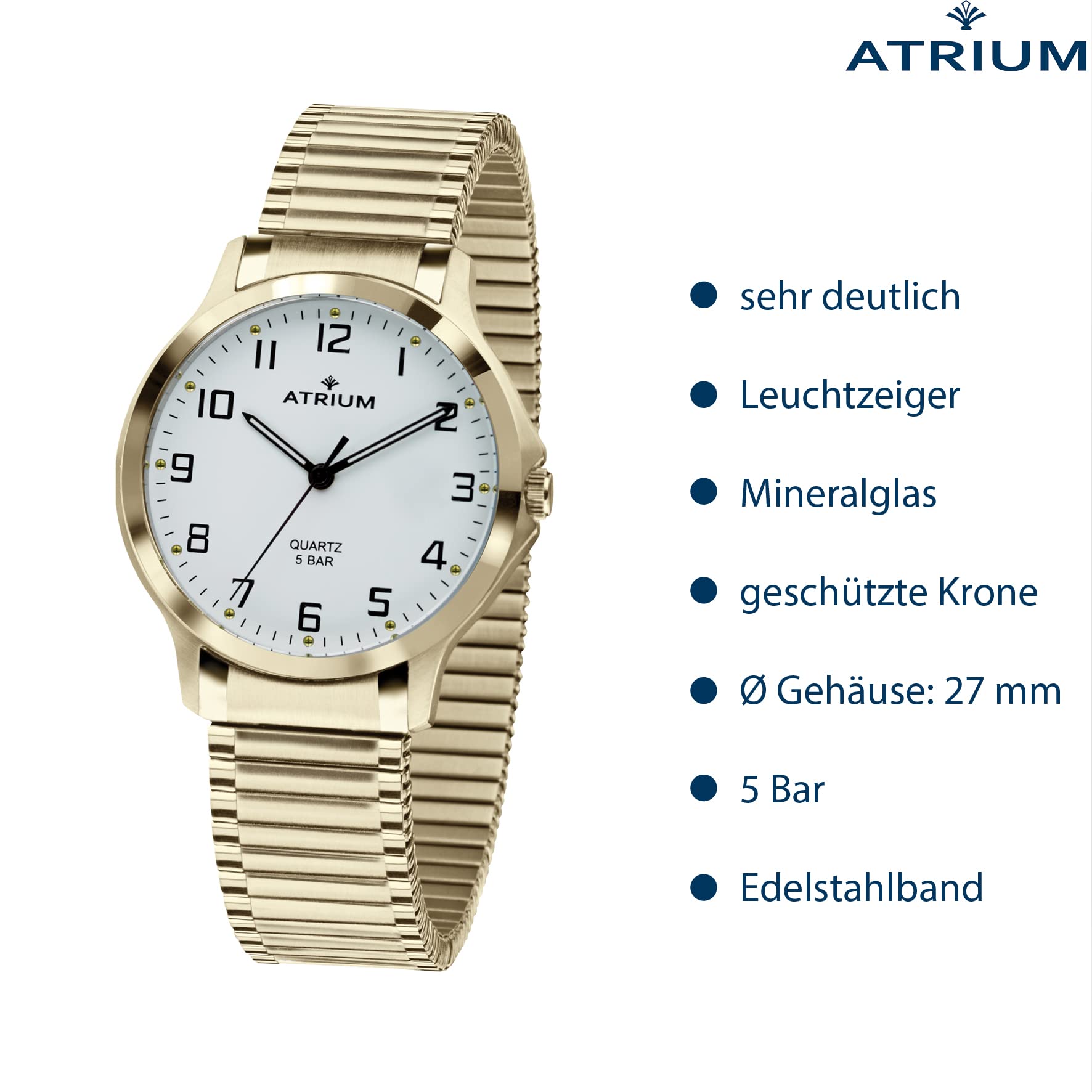Atrium Damski zegarek na rękę, analogowy, kwarcowy, stal nierdzewna, 5 bar, świecące wskazówki, elastyczny pasek, złoty A13-60, złoto, bransoletka