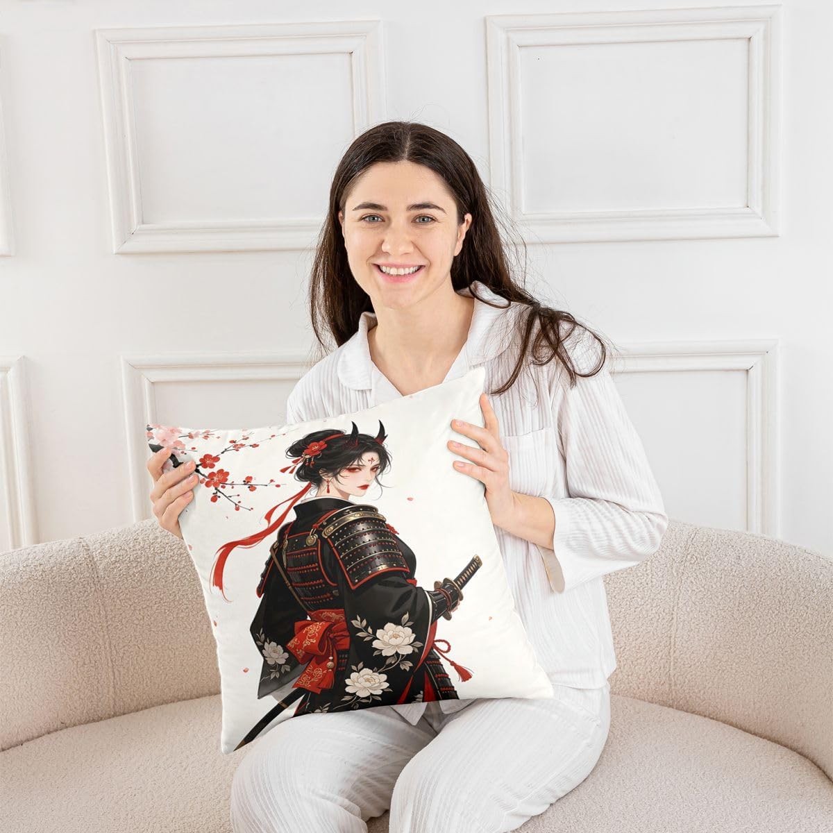 Feelyou Samurai Throw Pillow Covers Set of 4 Japanese Girl Cushion Case Japanese Anime Decor Pillowcase Ukiyoe Indoor Outdoor White Red 2 Super Soft 16 x 16-Inch image 4