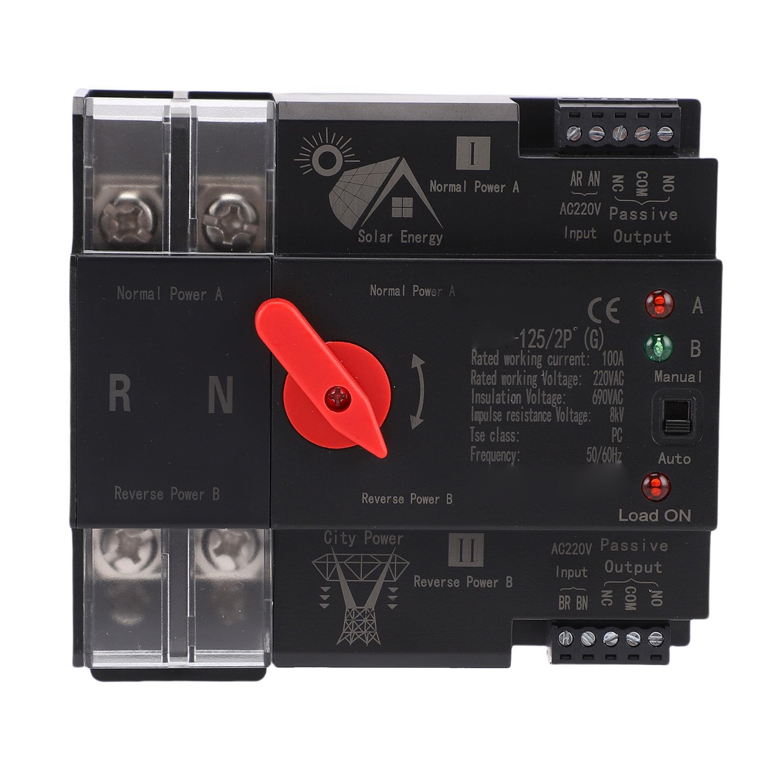 Tissting Interruptor De Transferencia Automática De Doble Potencia 2P 100A Sin Interrupción - Controlador De Palanca Montaje En Rail DIN 35mm