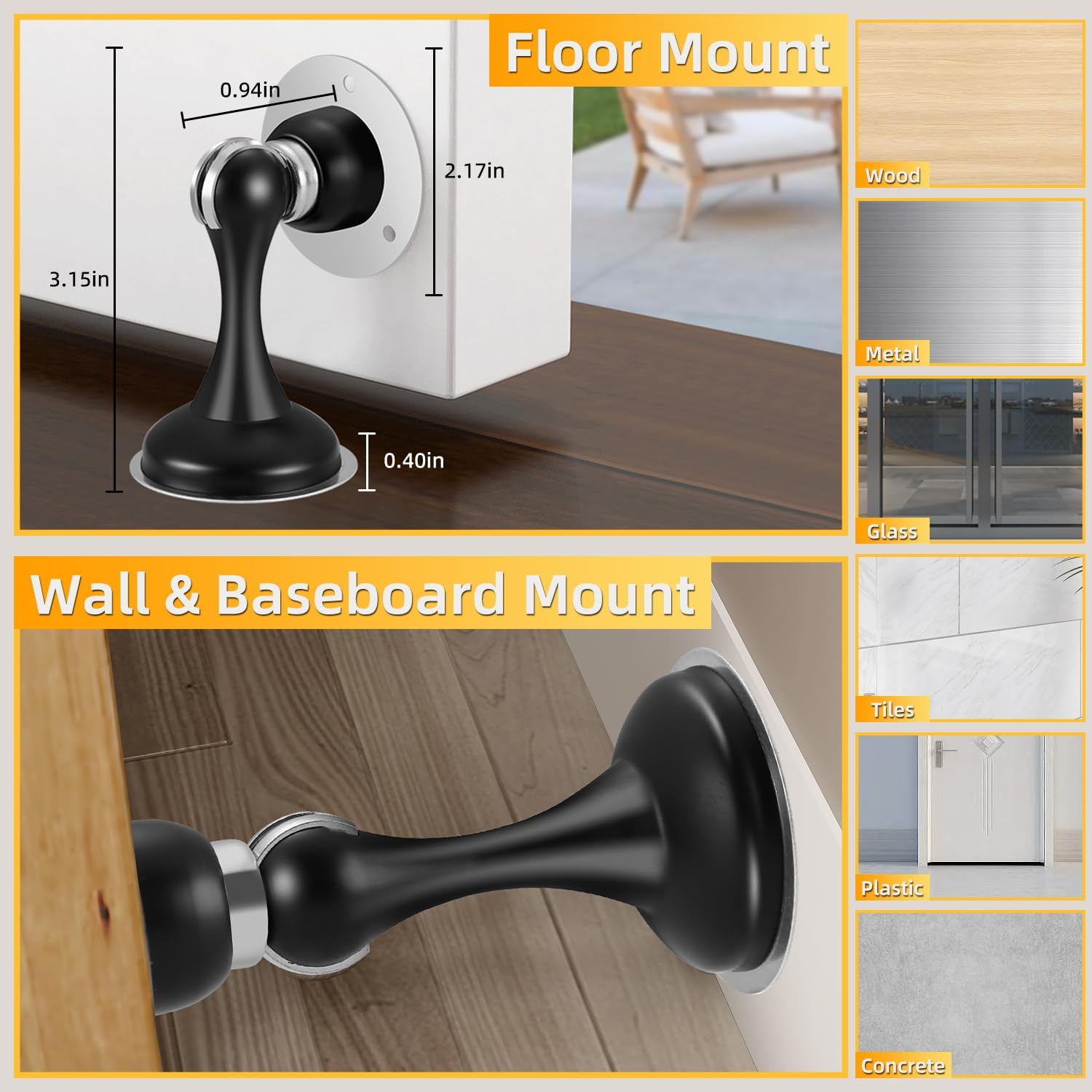 8 Pack Magnetic Door Stop No Drilling Door Stop with 3D Adhesive Tapes Keep Door Open Door Stainless Steel Screws for Stronger Mount (Black)