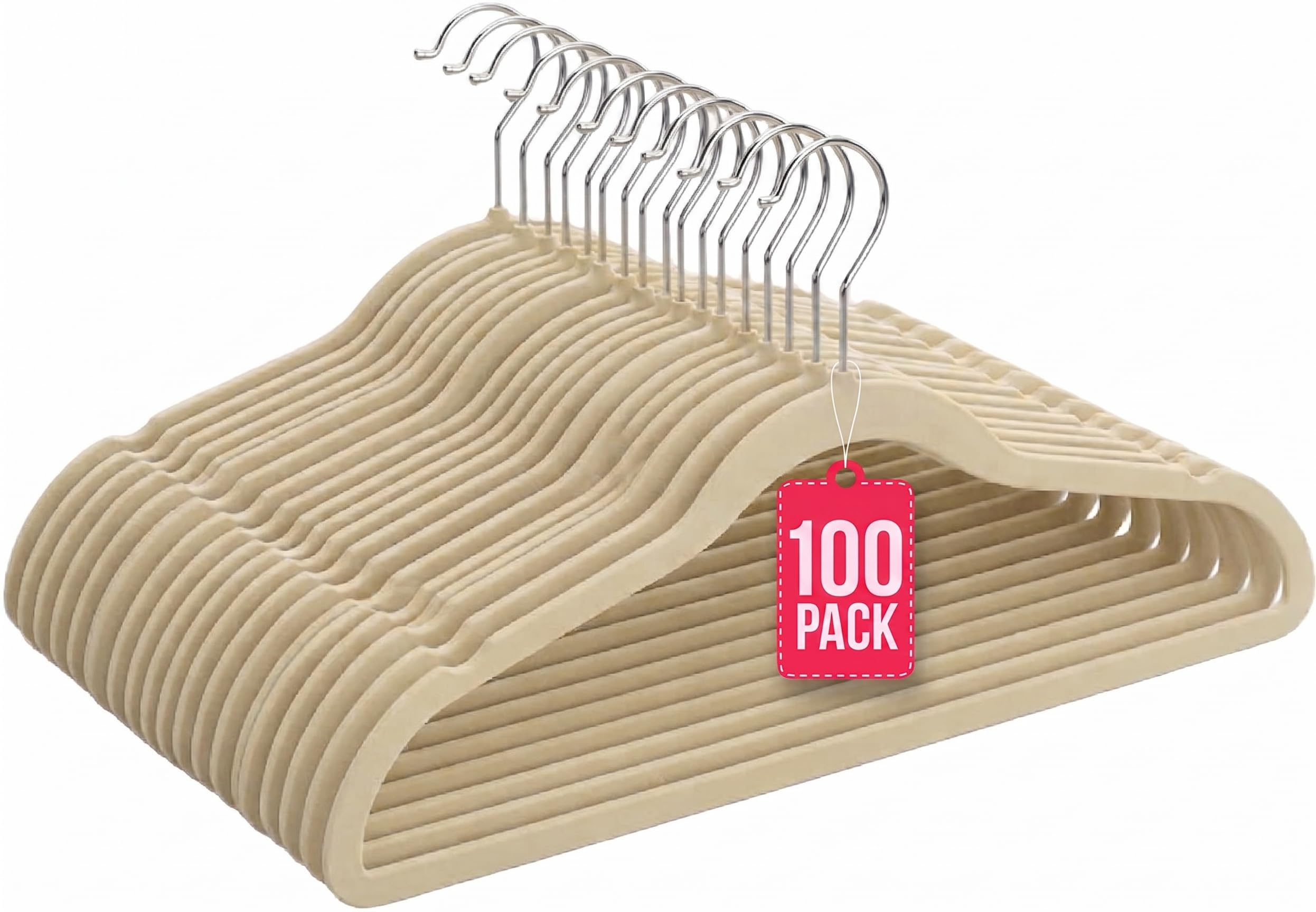COM-FORT HOUSE Perchas de Terciopelo Antideslizantes Pack 100 – Beige – Ultrafinas Ahorra Espacio – Gancho Giratorio 360° – Perchas para Ropa, Trajes, Vestidos y Camisas
