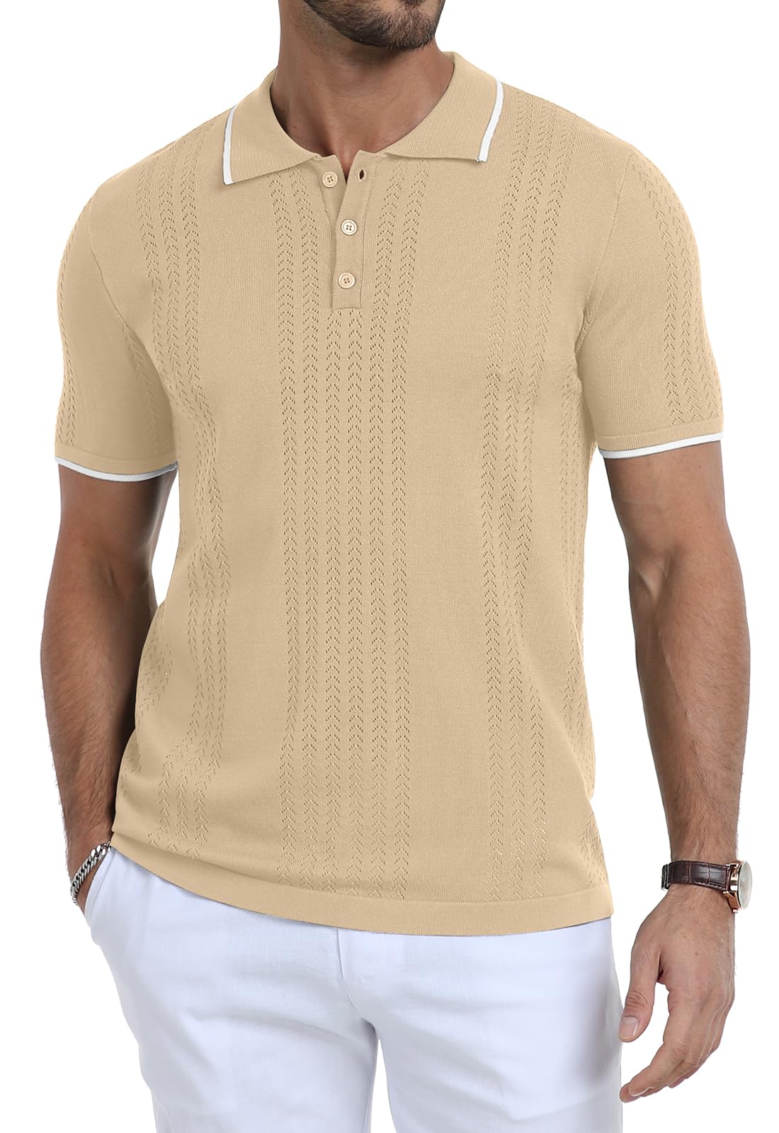 KUYIGO Men's Knit Hollow Out Polo Shirts Short Sleeve Button Collared Shirt Fashion Casual Summer Tops