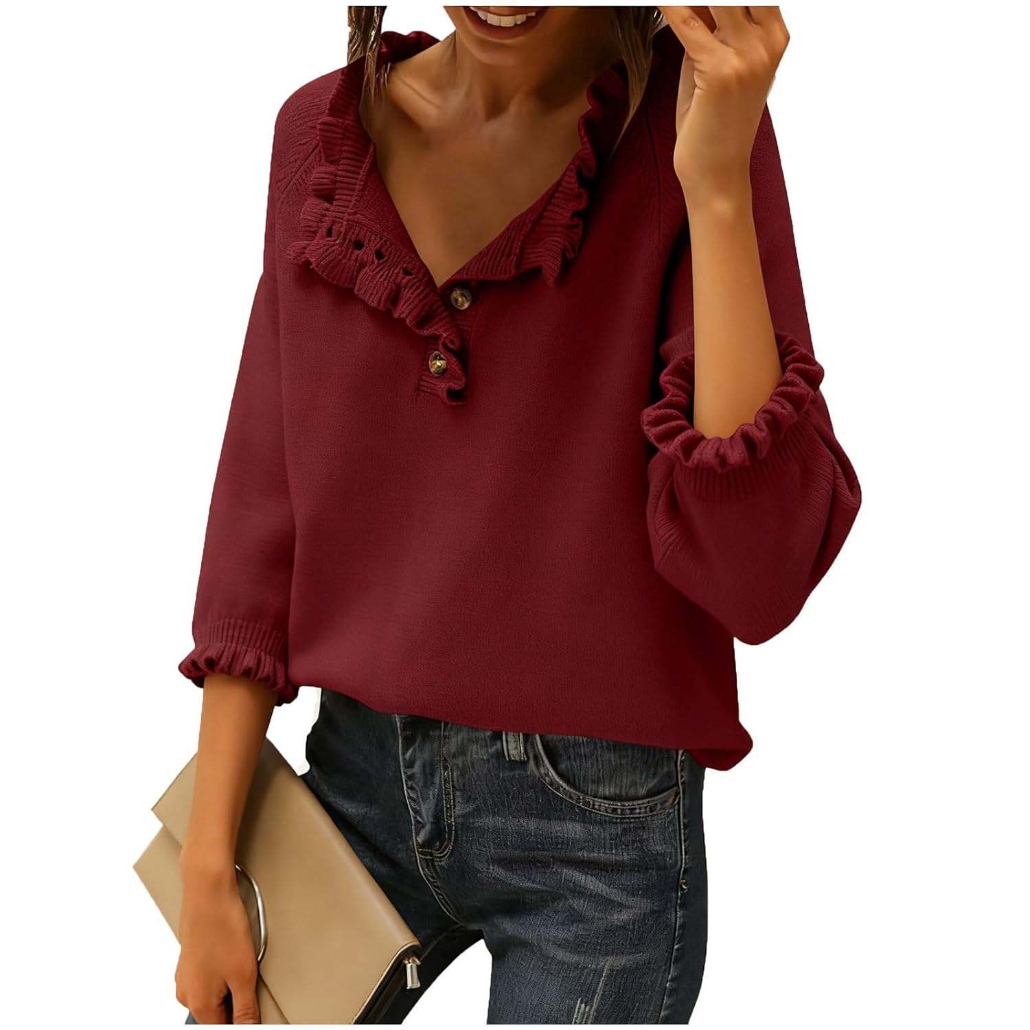 Women Plus Size Casual Sweater Henley Neck Button Long Sleeve Ruffle Trim Solid Tunic Loose Fit Fall Trendy