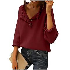Women Plus Size Casual Sweater Henley Neck Button Long Sleeve Ruffle Trim Solid Tunic Loose Fit Fall Trendy