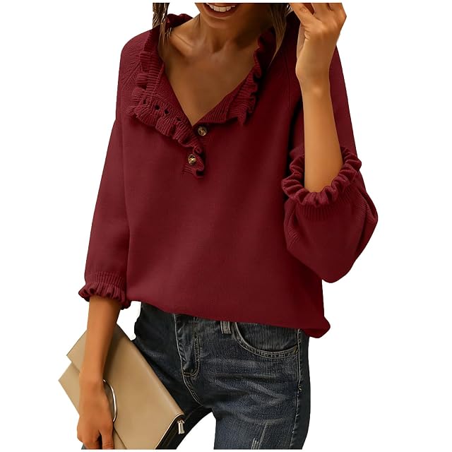 Women Plus Size Casual Sweater Henley Neck Button Long Sleeve Ruffle Trim Solid Tunic Loose Fit Fall Trendy