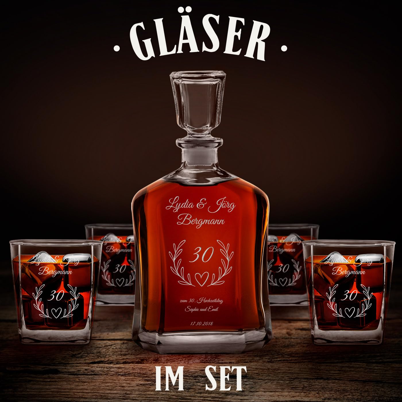 Maverton Whiskey Karaffe + 4er Whiskygläser Set mit Gravur personalisiert