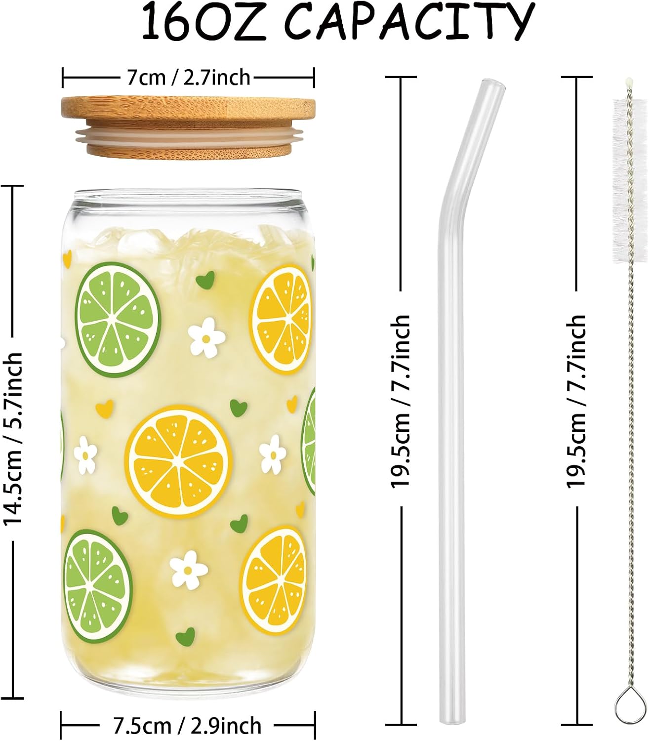 Lemon Glass Cup - 16oz Summer Glass Tumbler with Lid and Straw - Cute Citrus Iced Coffee Mug for Women - Aesthetic Fruit Print Cup for Friends Coworkers