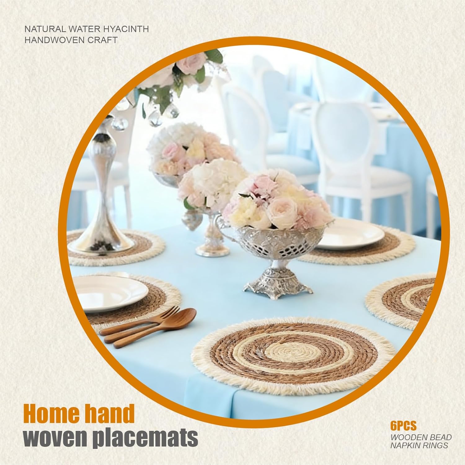 Handmade Boho Placemats Set of 6 - Natural Cotton Burlap and Water Straw Woven Combination Table Mats, Macrame Décor and Farmhouse Style Placemats, for Dining Table Kitchen