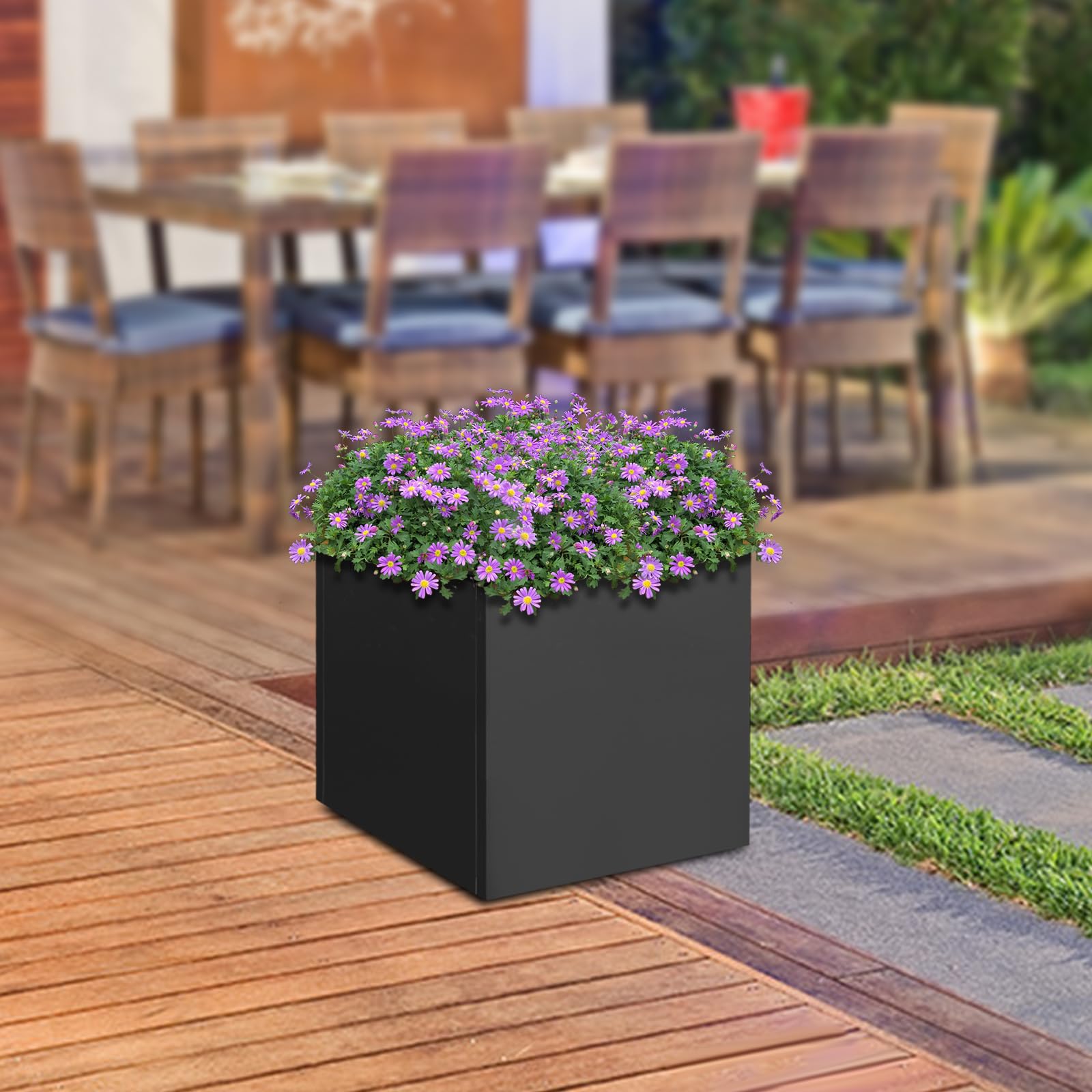 Grand pot de fleurs extérieur – 60 x 60 x 60 cm – Pot de fleurs en acier – Pour l'intérieur et l'extérieur – Jardinière pour jardins, entrées, terrasses et cours, noir