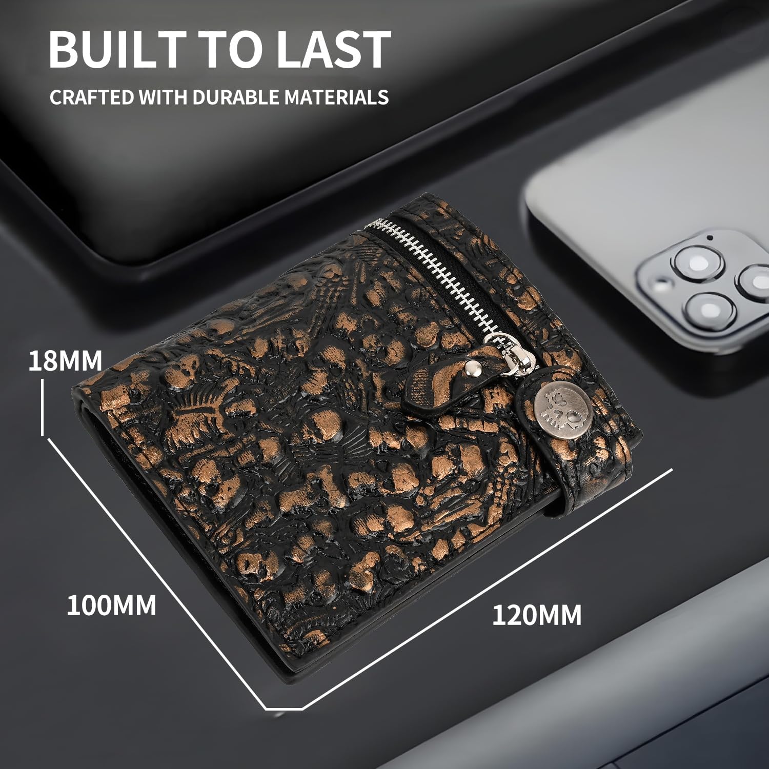 Unisex Gothic Punk Skull Chain Wallet - Bifold Faux Leather, Halloween Goth Accessories - Gold - Image 7