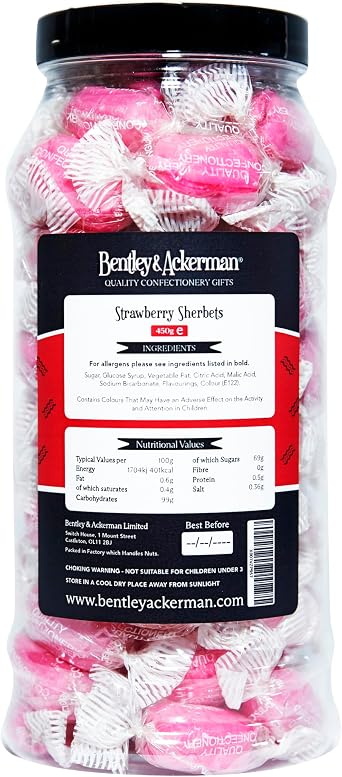Strawberry Sherbets Sweets - (450g) Original Retro Boiled Sweets Gift Jar By Bentley & Ackerman's Sweet Shop.