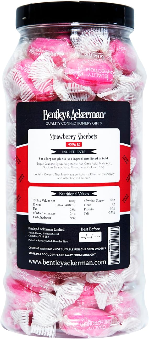 Strawberry Sherbets Sweets - (450g) Original Retro Boiled Sweets Gift Jar By Bentley & Ackerman's Sweet Shop.