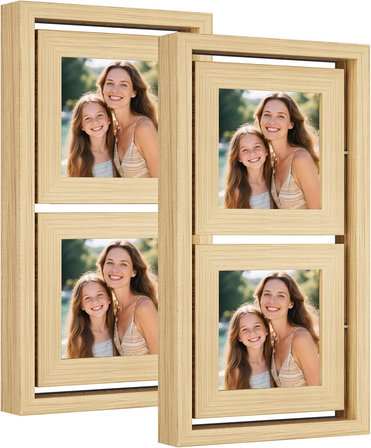 Double 4x4 Combined Nature Wood Rotating Floating Picture Frames, Double-Sided Solid Wood Photo Frame with HD Glass, Shatterproof, Fade Resistant, UV Protection, Vertical or Horizontal Tabletop Display(Pack of 2)