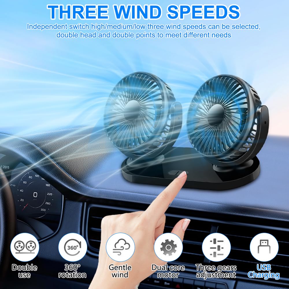 Ventilateur Voiture USB, 360° Rotative Double Tête Ventilateur de Voiture, Ventilateur Camping Car avec 3 Vitesses, Double Tête Ventilateur USB pour Voiture,Maison,Bureau,Camping