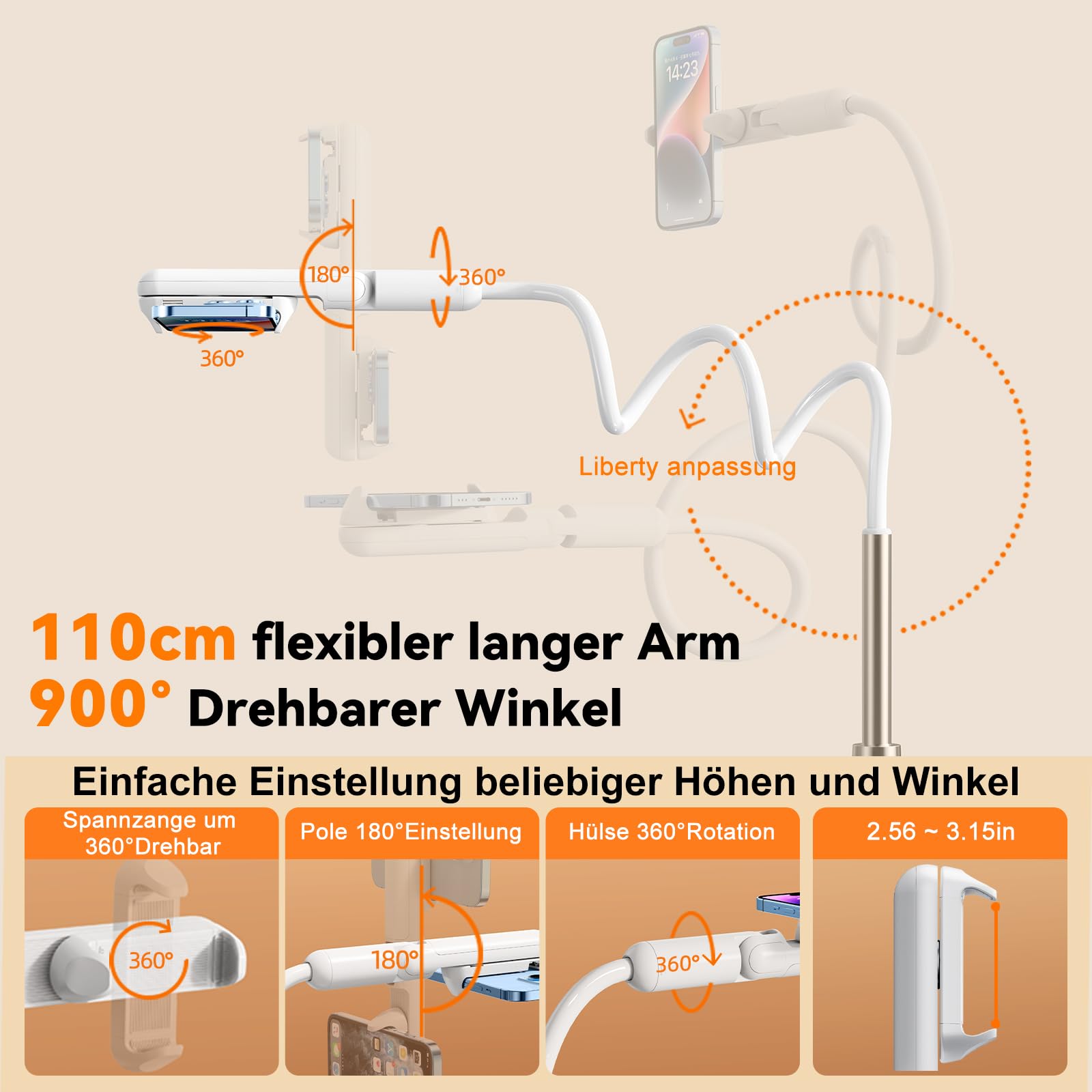 Schwanenhals Handyhalterung für Bett, Flexibler Handy Halterung Bett, Handyhalterung Langer Arm, mit 360°Drehbarer Mini Klemme, Kompatibel mit 4.7-6.8" Geräten (43.31" Langer Arm)