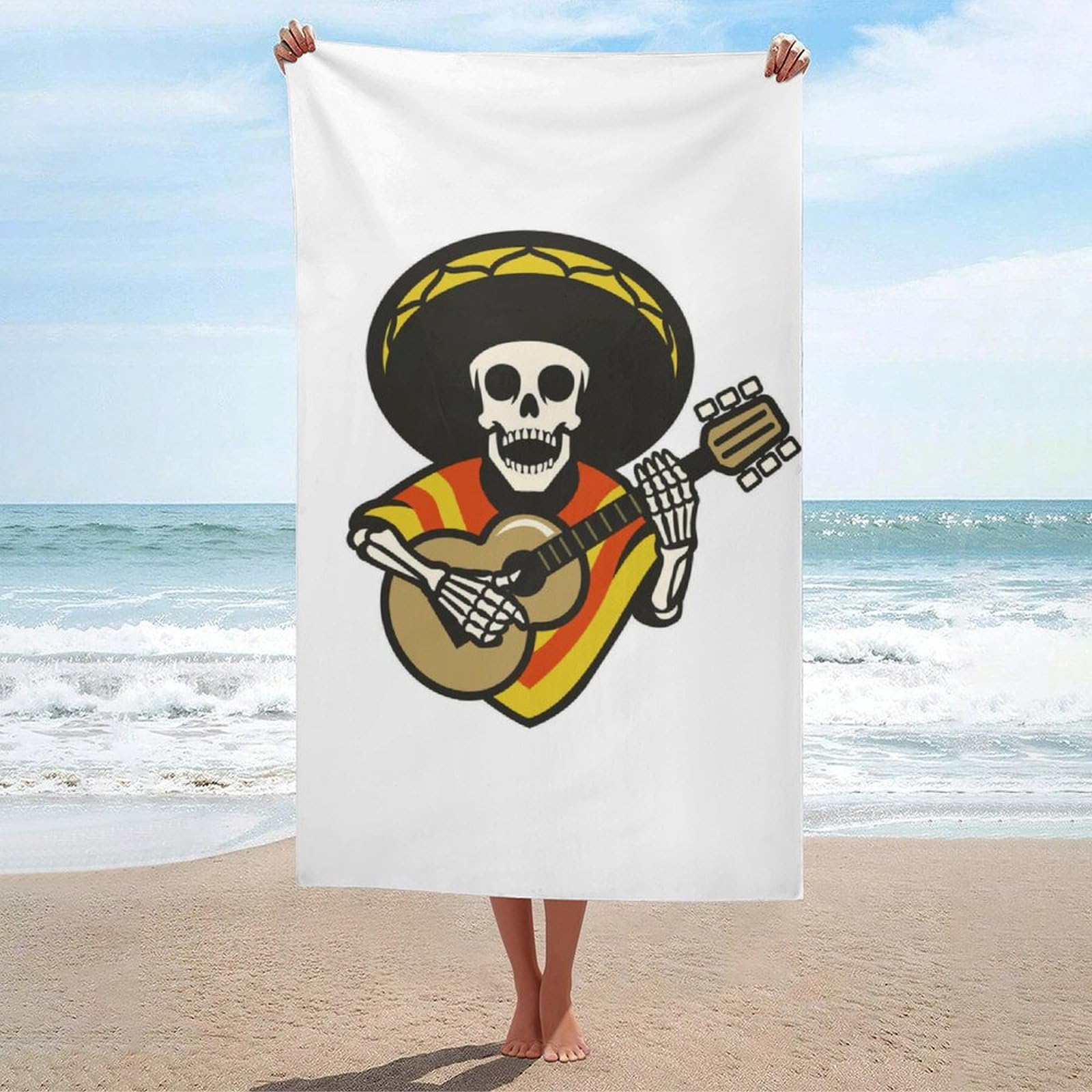 LEDFCVSU Beach Towel, Mexican Guitar Skull Bath Towel, Absorbent Towel for Swimming, Sports, Travel