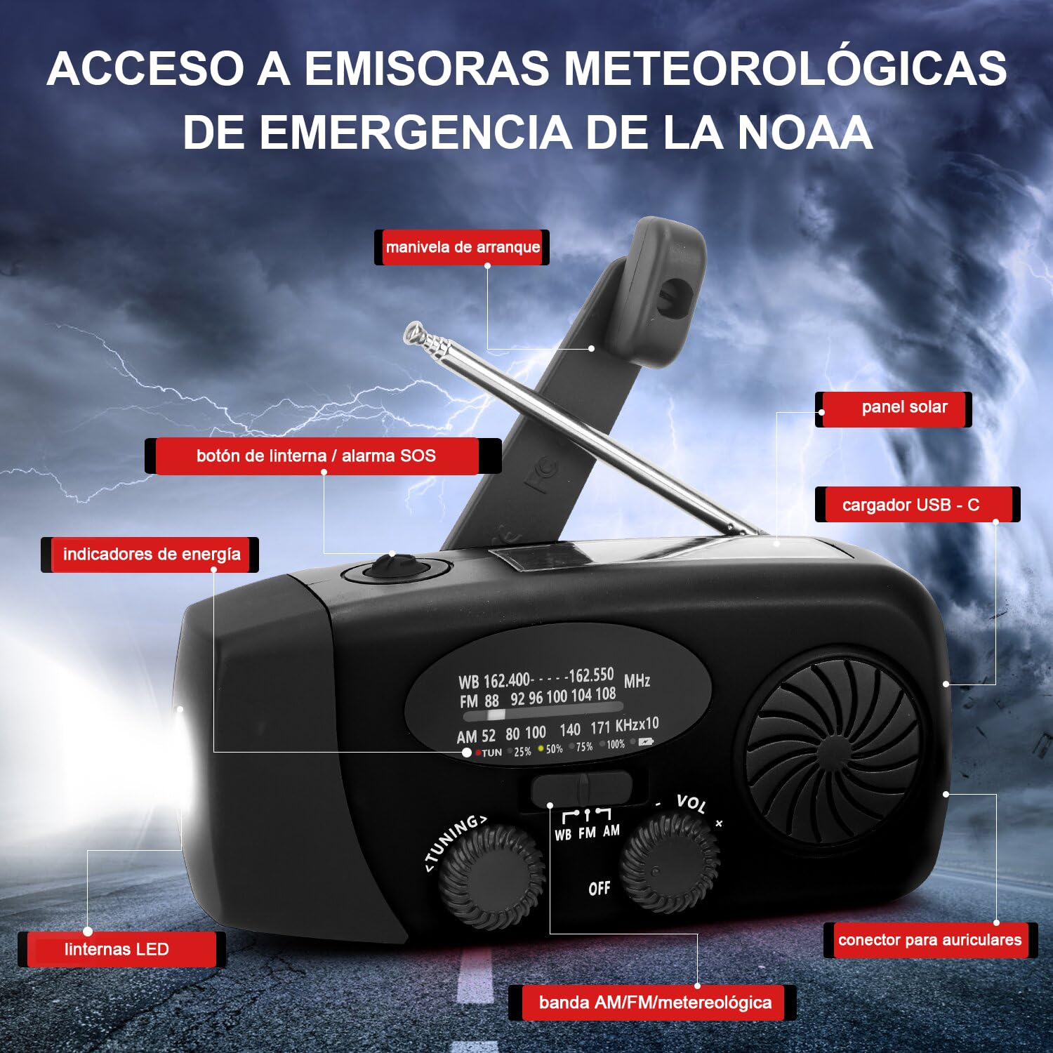 Radio Solar portátil con Am/FM/NOAA meteorológica Radio, Alarma SOS y Dinamo de manivela, Cargador de móvil USB, Linterna LED, para emergencias (Negro,batería Recargable de 2000 mAh)