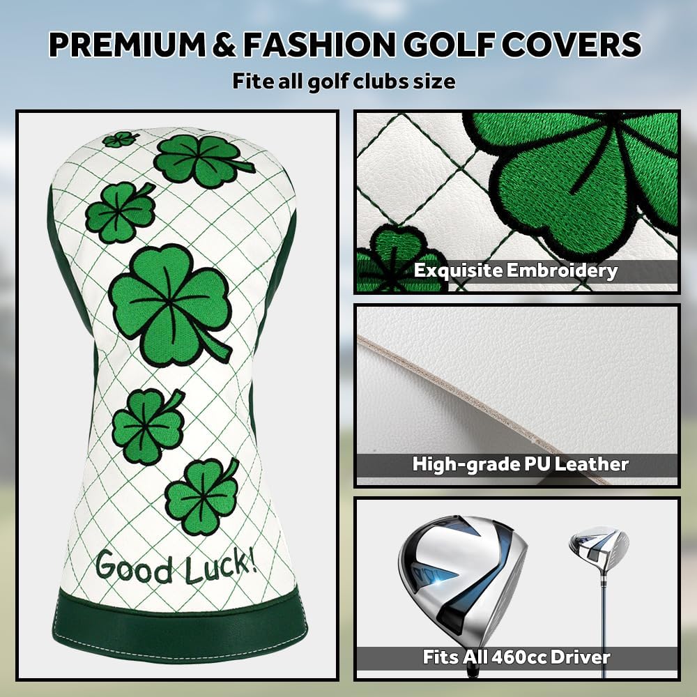 Golf Club Head Covers for Driver Headcover Embroidered Four-Leaf Clover Design Synthetic Lether Fit Most Drivers Fit for Titleist Callaway Ping Taylormade Cobra