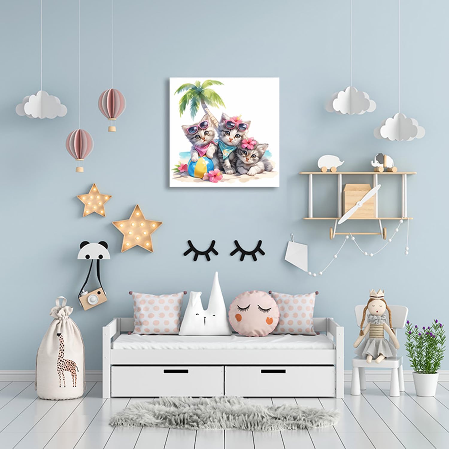 Ypxzzj Cute Kittens in Summer Vacation Canvas Wall Art, Three Kittens Under a Coconut Tree Printing Picture Cute Animal Cats with Glasses for Living Room Bathroom Framed Ready to Hang(20''x 20'')