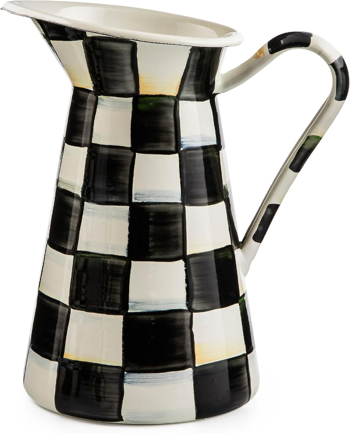 MACKENZIE-CHILDS Practical Enamel Pitcher with Spout, Drink Pitcher for Iced Tea or Water, Flower Vase, Medium, Black-and-White Courtly Check