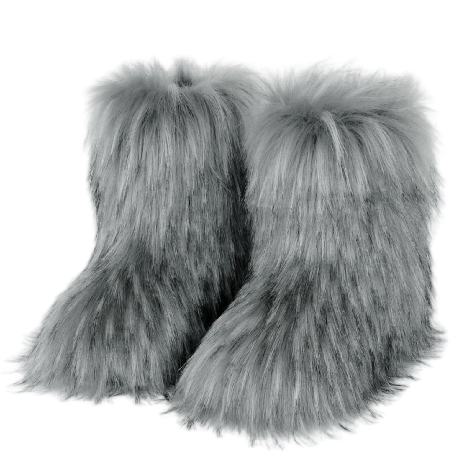 Fur Boots for Women Furry Snow Boots Warm Fluffy Fur Lined Booties Comfortable Mid Calf Flat Fashion Winter