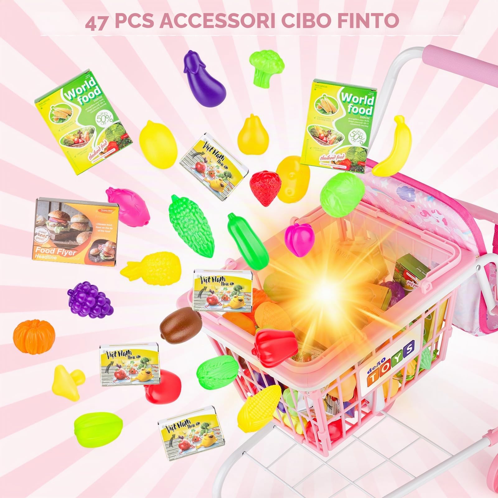 deAO Carrello da Supermercato per Bambini con 31 Alimenti di Frutta e Verdura, Borsa della Spesa, Giocattolo da Negozio, Carrello con Sedile, Regalo per Bambini dai 3 Anni in su, Rosa