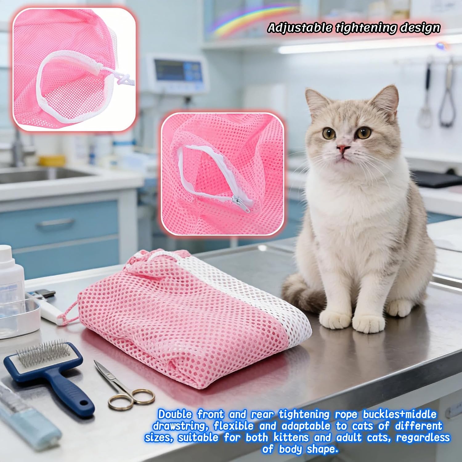 Cat Grooming Restraint Bag with Adjustable Drawstrings, Pink Mesh Bath Bag for Bathing, Nail Trimming, Ear Cleaning, Breathable Polyester with Zipper Design and Handheld Design (Pink) image 2