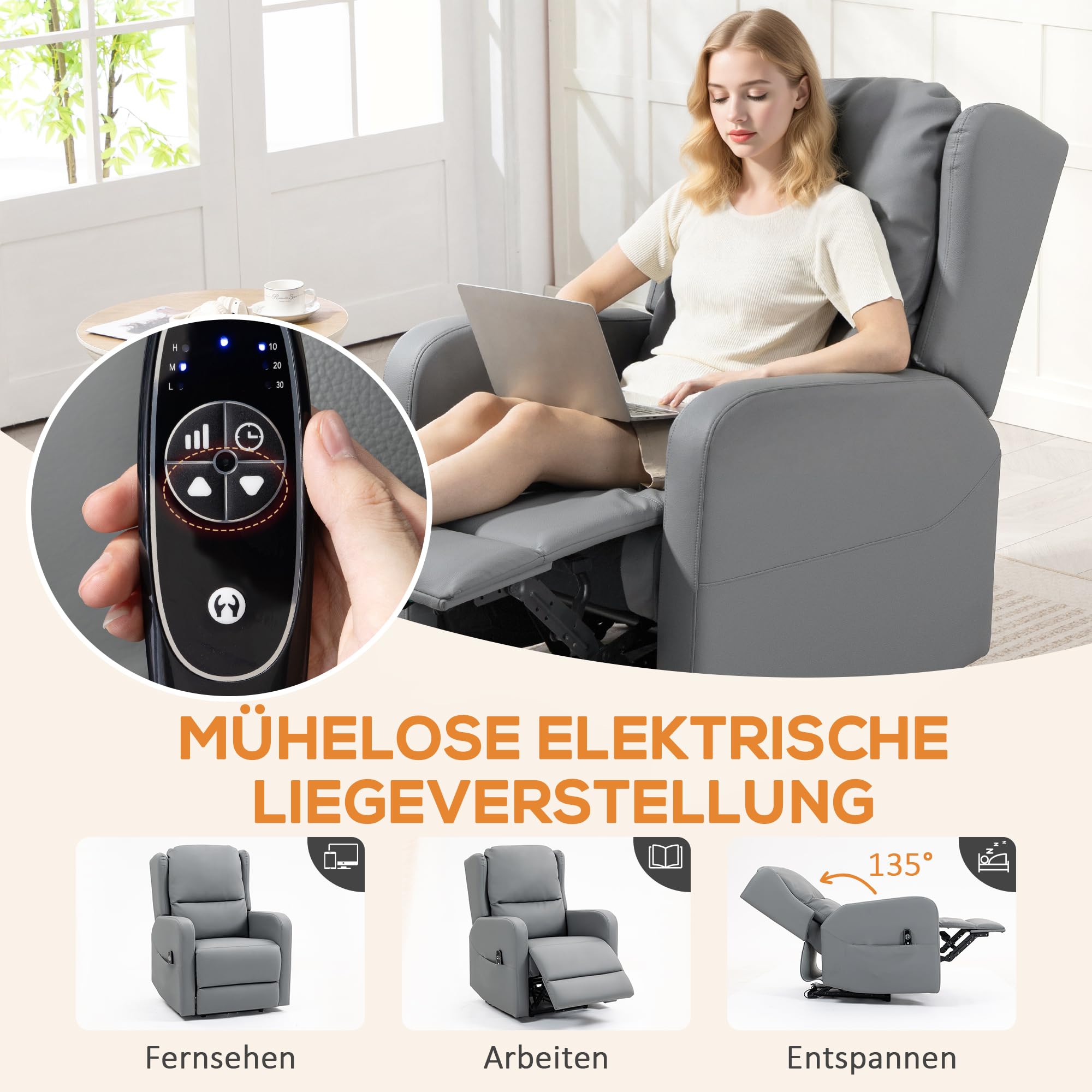 HOMCOM Relaxsessel Elektrisch Fernsehsessel mit 3D Knetmassage, Massagesessel mit Liegefunktion, Gepolstert TV Sessel mit Fernbedienung, Fußteil und Seitentasche, Ledermischung, für Wohnzimmer, Grau