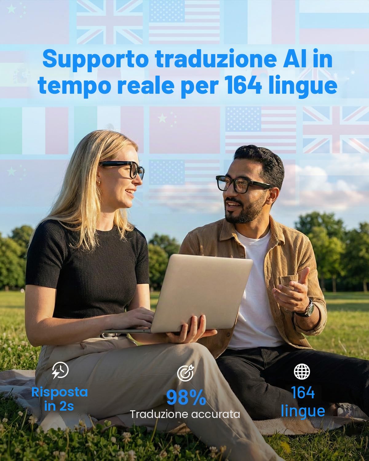 Occhiali Intelligenti Con Fotocamera e Bluetooth, 8 MP, 32 GB, HD 1200p, Con Funzionalità di Registrazione Foto/Video/Audio, Traduzione in Tempo Reale, Assistente Vocale e Riconoscimento Degli Oggetti