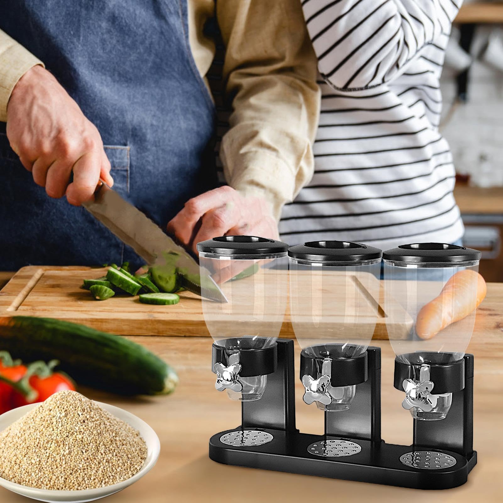 Dispensador de cereales triple | Dispensador de nueces y caramelos, elementos esenciales de cocina de 2 litros para arroz, cereales, nueces, aperitivos, avena, comida para mascotas