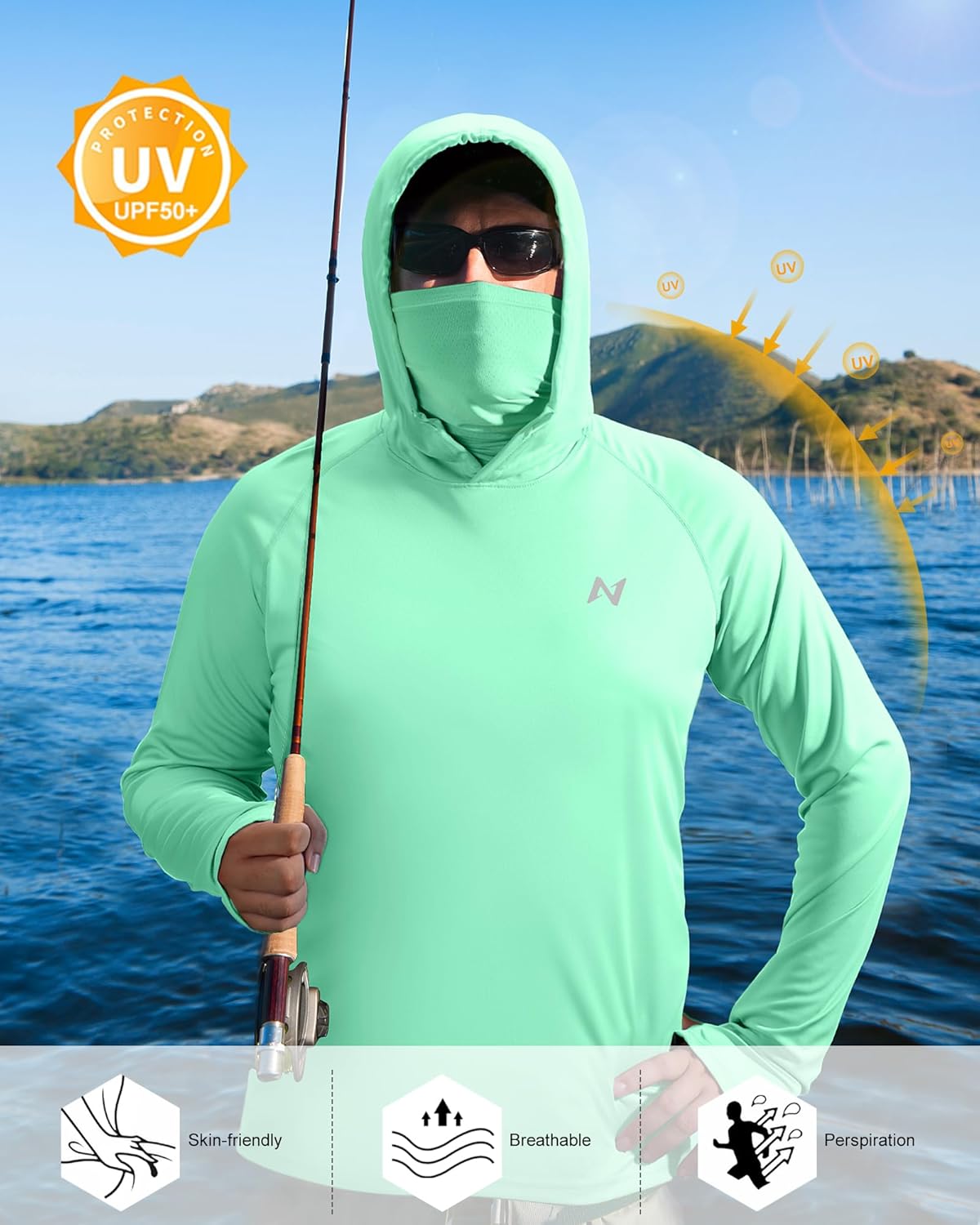 isnowood Sun Shirt UPF 50+ Men's Fishing Long Sleeve UV Protection Hoodie Hiking Rash Guard Swimming Running - Image 5