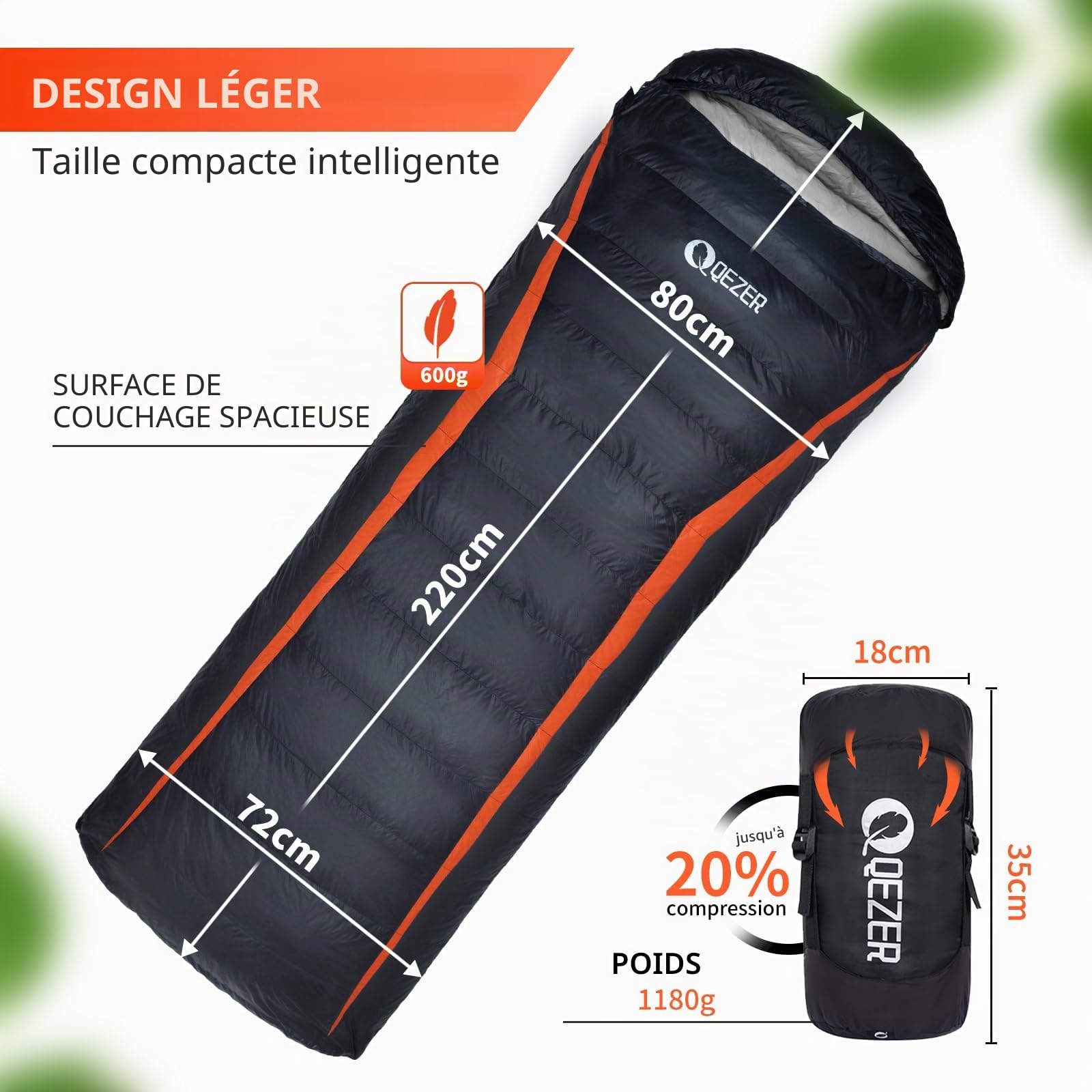 Sac de couchage en duvet ultraléger de -3 °C à 8 °C pour 4 saisons de camping, randonnée et plein air, garnissage 600 g de duvet de canard de qualité supérieure