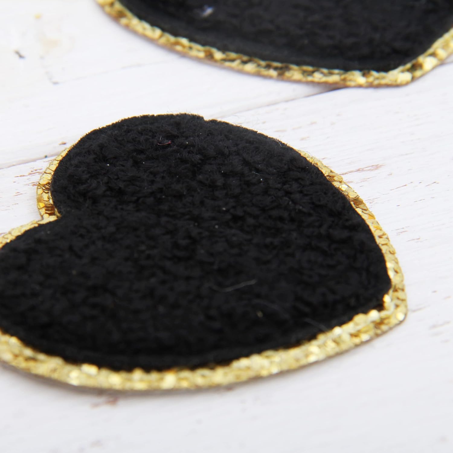 3 Pack Chenille Iron On Glitter Varsity Letter 5cm Tall Heart Patches - Black Chenille Fabric with Gold Glitter Trim - Sew or Iron on - 5CM BLK HRT