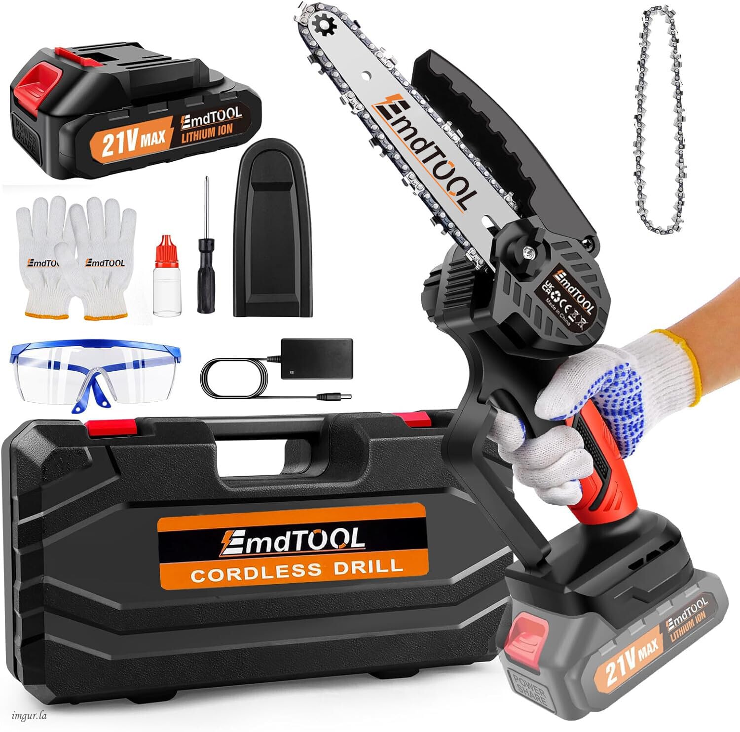 Cordless Chainsaw, 21V Portable 6-inch Mini Chain Saw with 3000mAh Battery, Powerful Electric Saw 5300rpm, Safety Lock, for Cutting Wood & Trimming, Gardens (with 2 Chains)