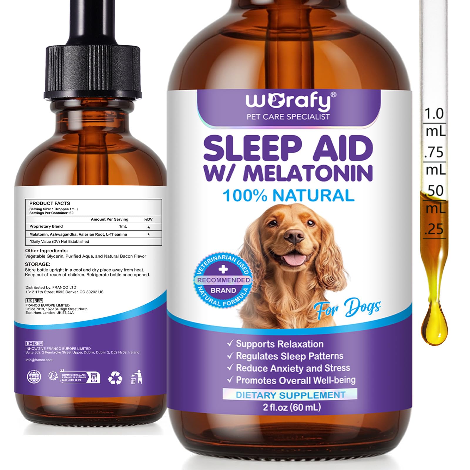 NIFEISHI Melatonin for Dogs & Cats, Liquid Dog Sleep Aid & Calming Drops, with L-Theanine for Calming Support, Helps with Fireworks, Noise & Travel, Promotes Relaxation & Deep Sleep, 60ml