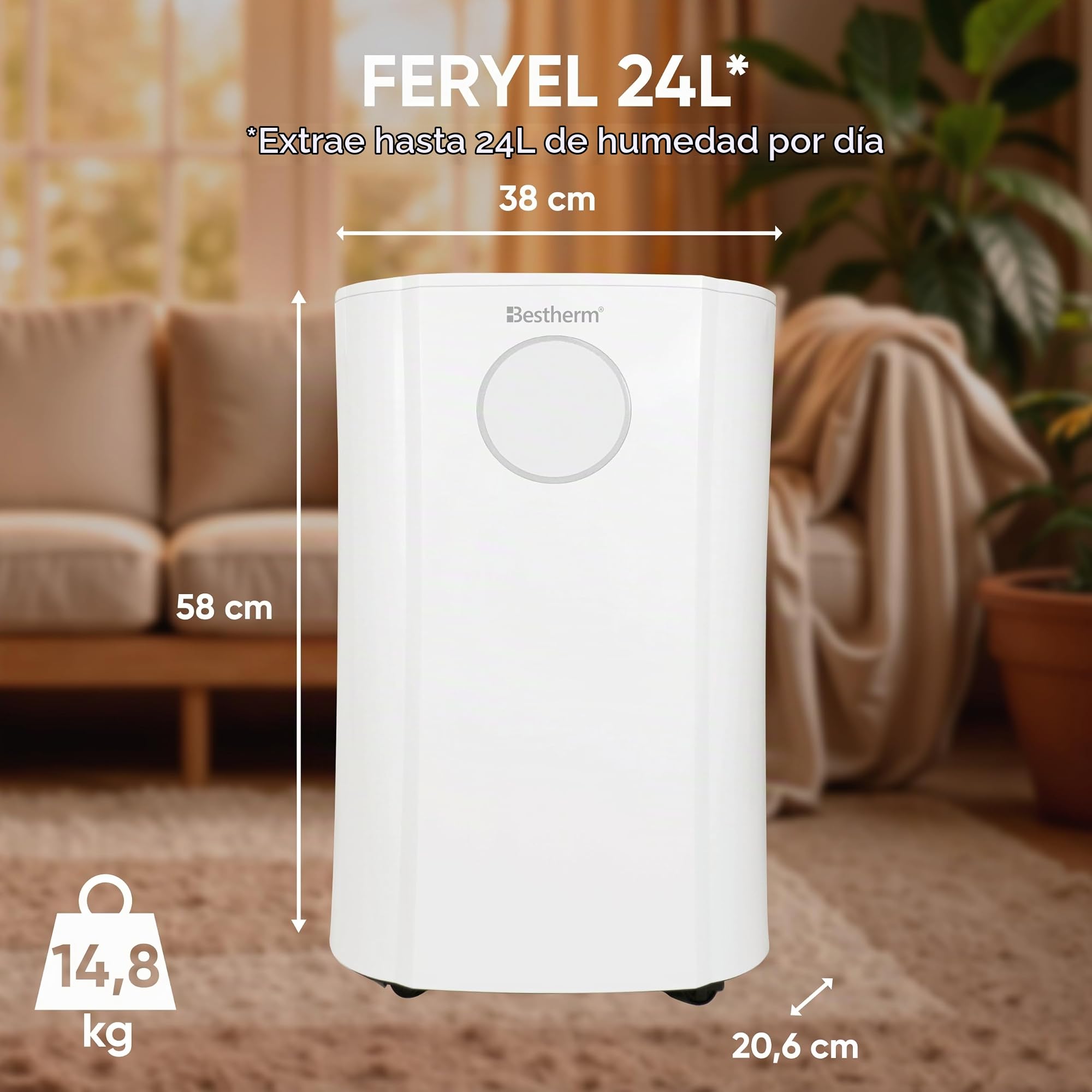 BESTHERM - Deshumidificador de aire BESTHERM - Feryel 24L/día, depósito extraíble, filtro de carbón activado, ionizador integrado