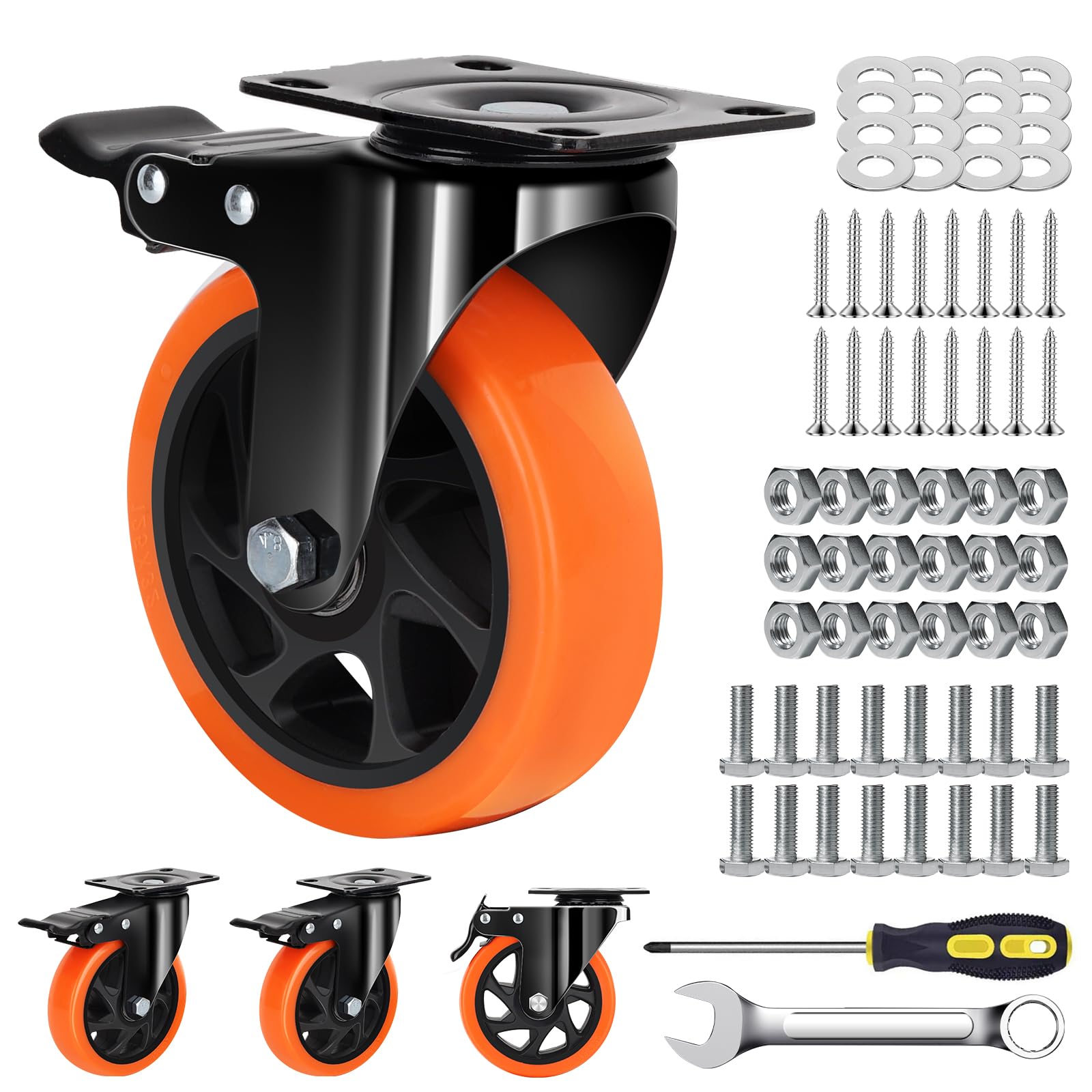 Photo 1 of 5 Inch Orange Heavy Duty Locking Caster Wheels Set of 4 – 2600LBS Total Capacity, PU Industrial Casters with Dual Brake for Workbench, Machinery & Warehouse Carts – Heavy Duty Industrial Use Only